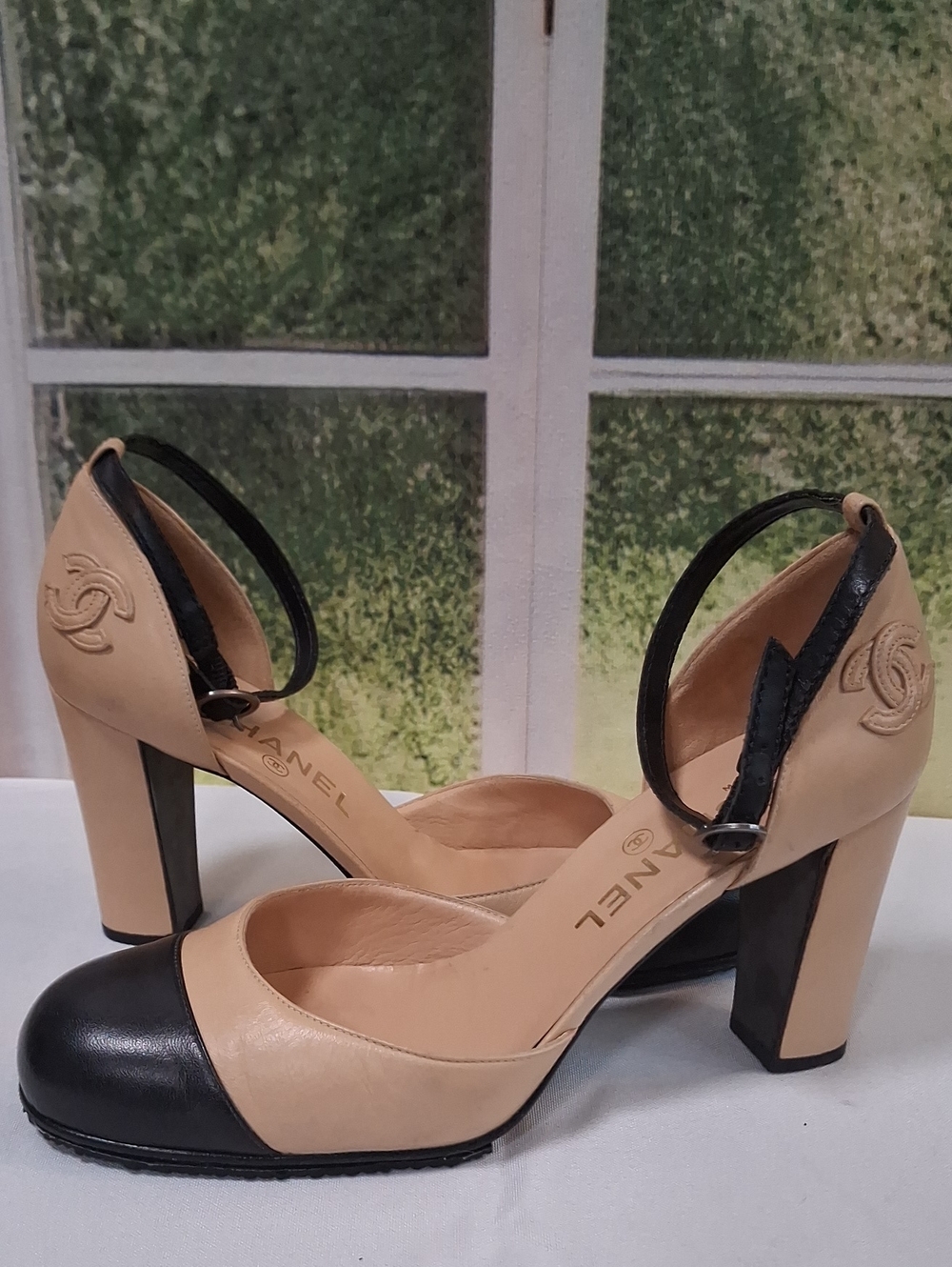 CHANEL Beige and Black Two-Tone Mary Jane Block Heel Pumps